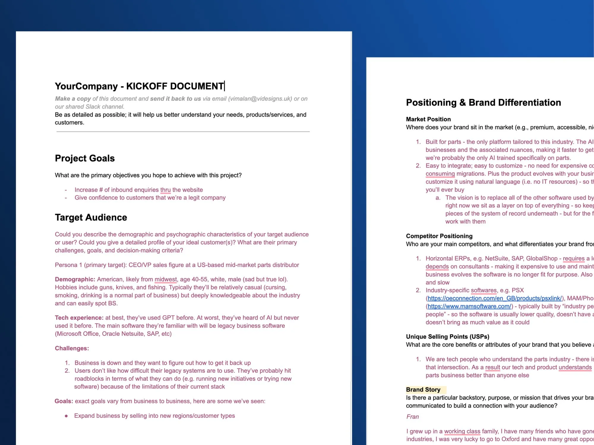 Two-page kickoff document with sections on Project Goals, Target Audience, Positioning & Brand Differentiation, Competitor Positioning, Unique Selling Points, and Brand Story.