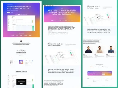 Intrys product overview showing AI-driven quality assurance dashboards, team support optimization, and co-founder team introduction with logos of partners and actionable call-to-action buttons.