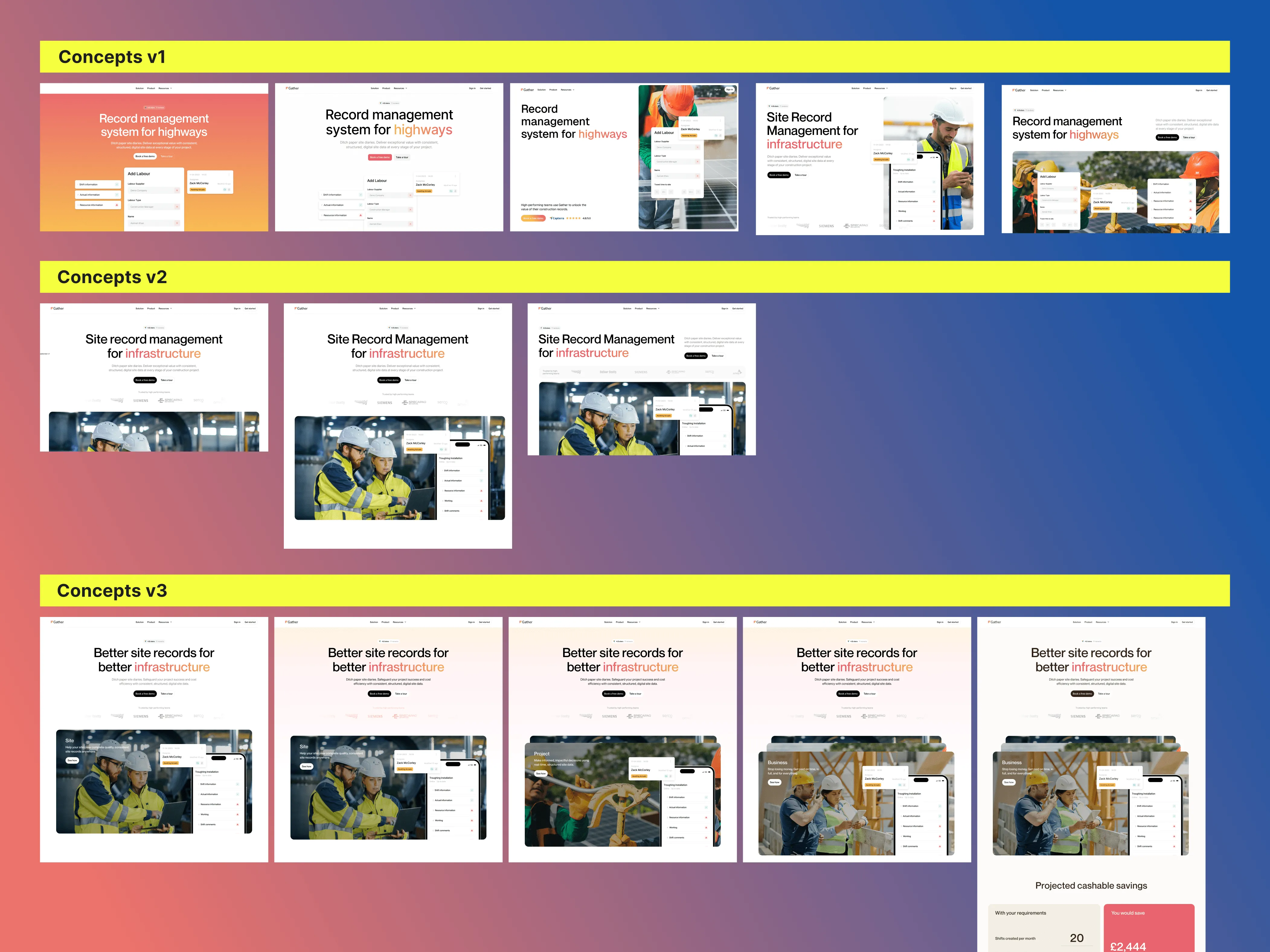 Webpage design concepts in three versions showing site record management for highways and infrastructure with images of workers in safety gear and interface elements for adding labor and managing records.
