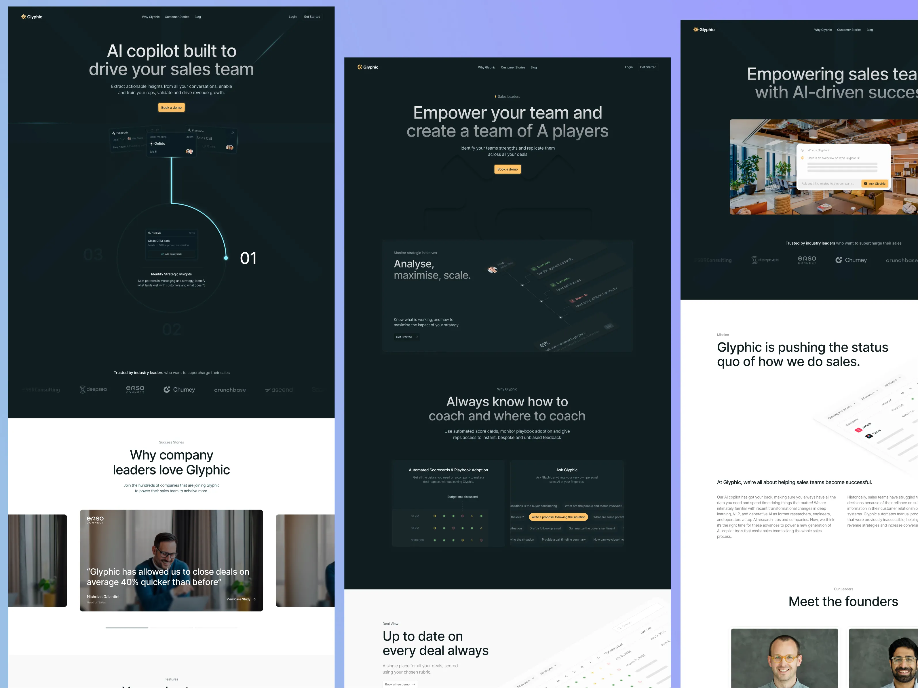 Website screenshots showing Glyphic AI sales tools including AI copilots, team coaching, and success stories with client testimonials and founder photos.