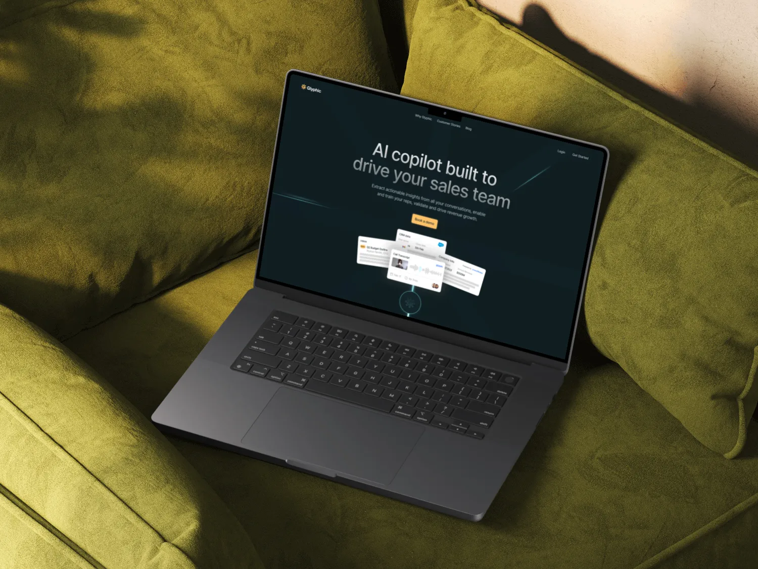Laptop on green couch displaying a webpage for an AI copilot that drives sales teams with insights and revenue growth.