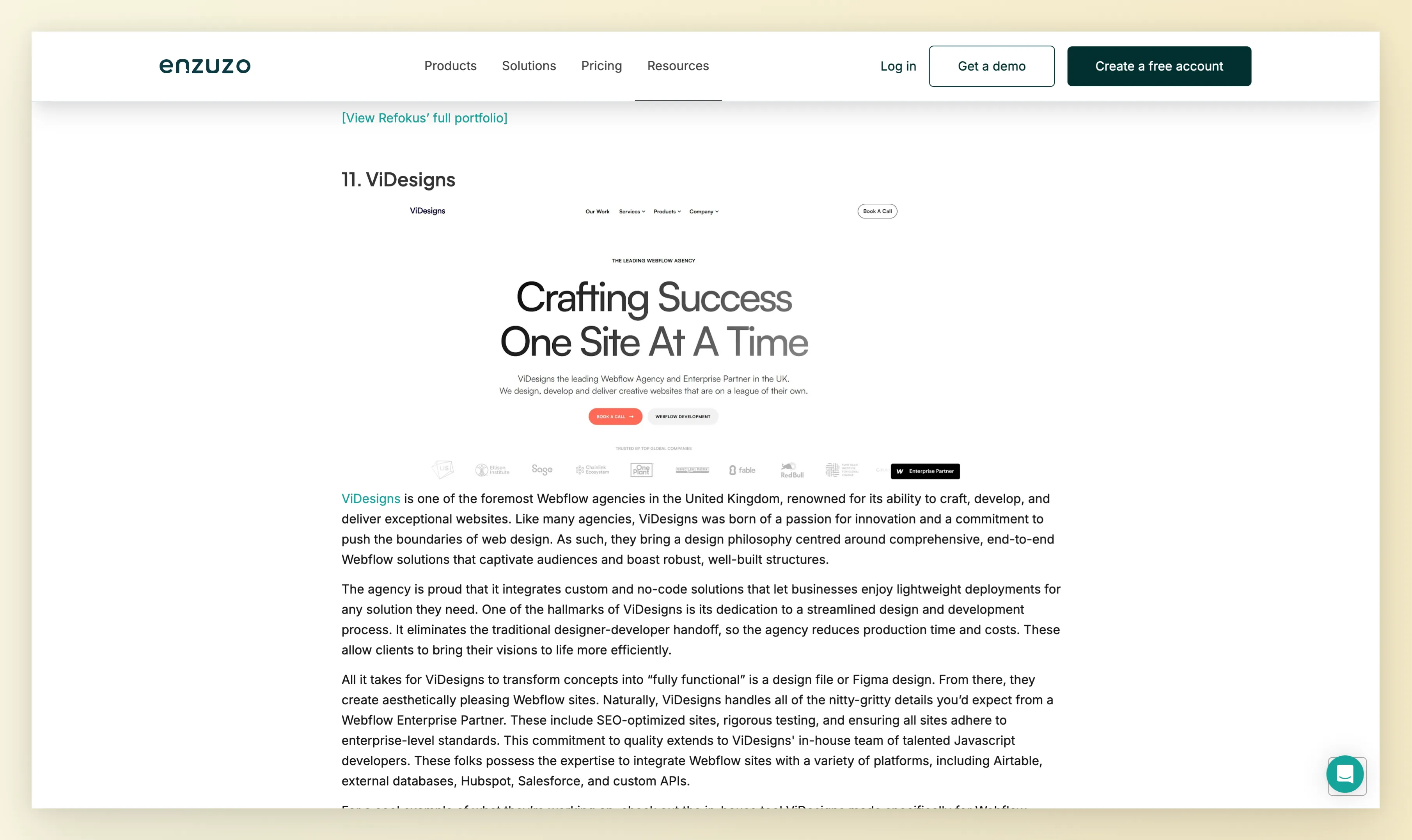 Webpage section highlighting ViDesigns, a UK-based Webflow agency, featuring their slogan 'Crafting Success One Site At A Time' and a description of their services and expertise.