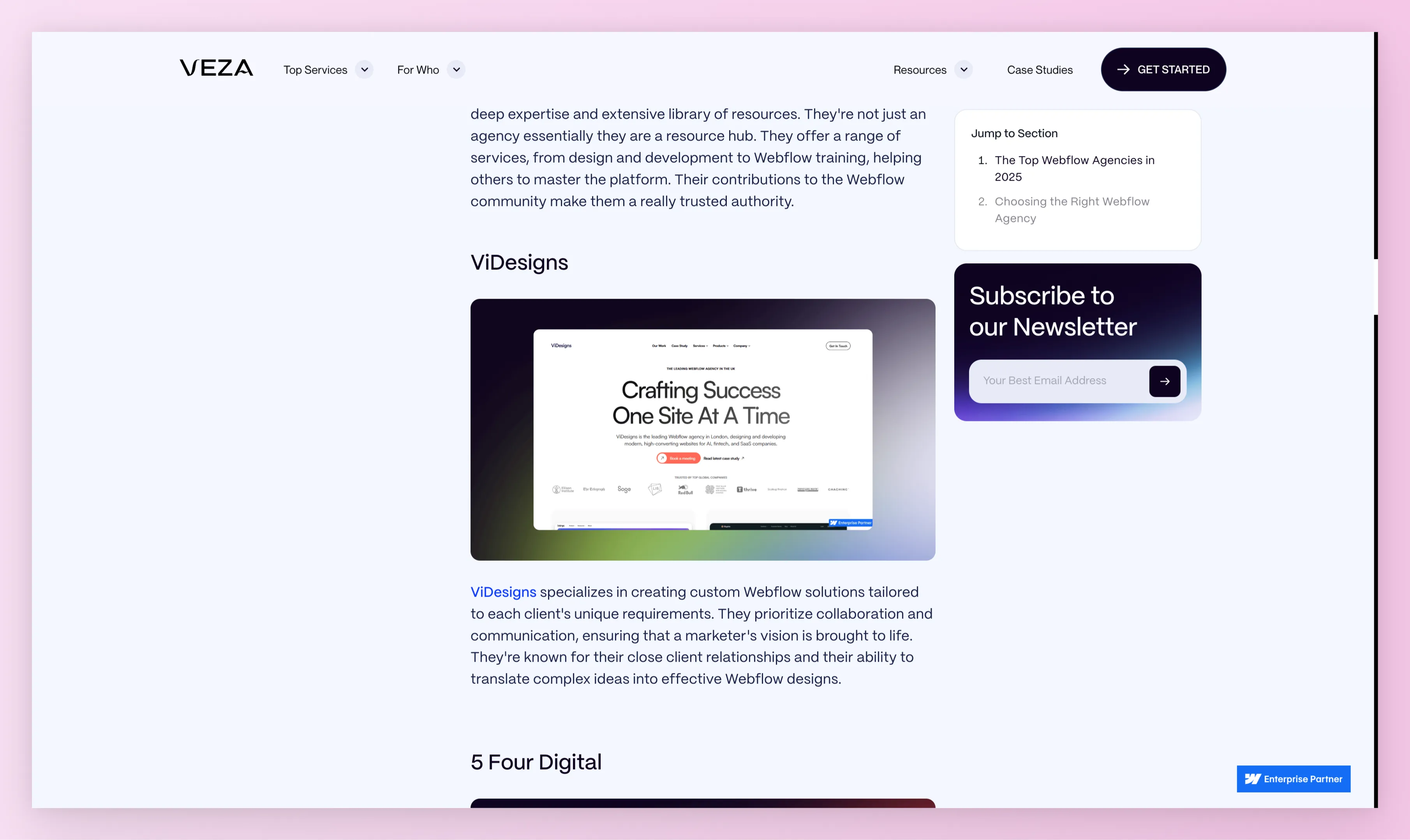 Website page section highlighting ViDesigns with screenshot of their homepage and description of their custom Webflow solutions.