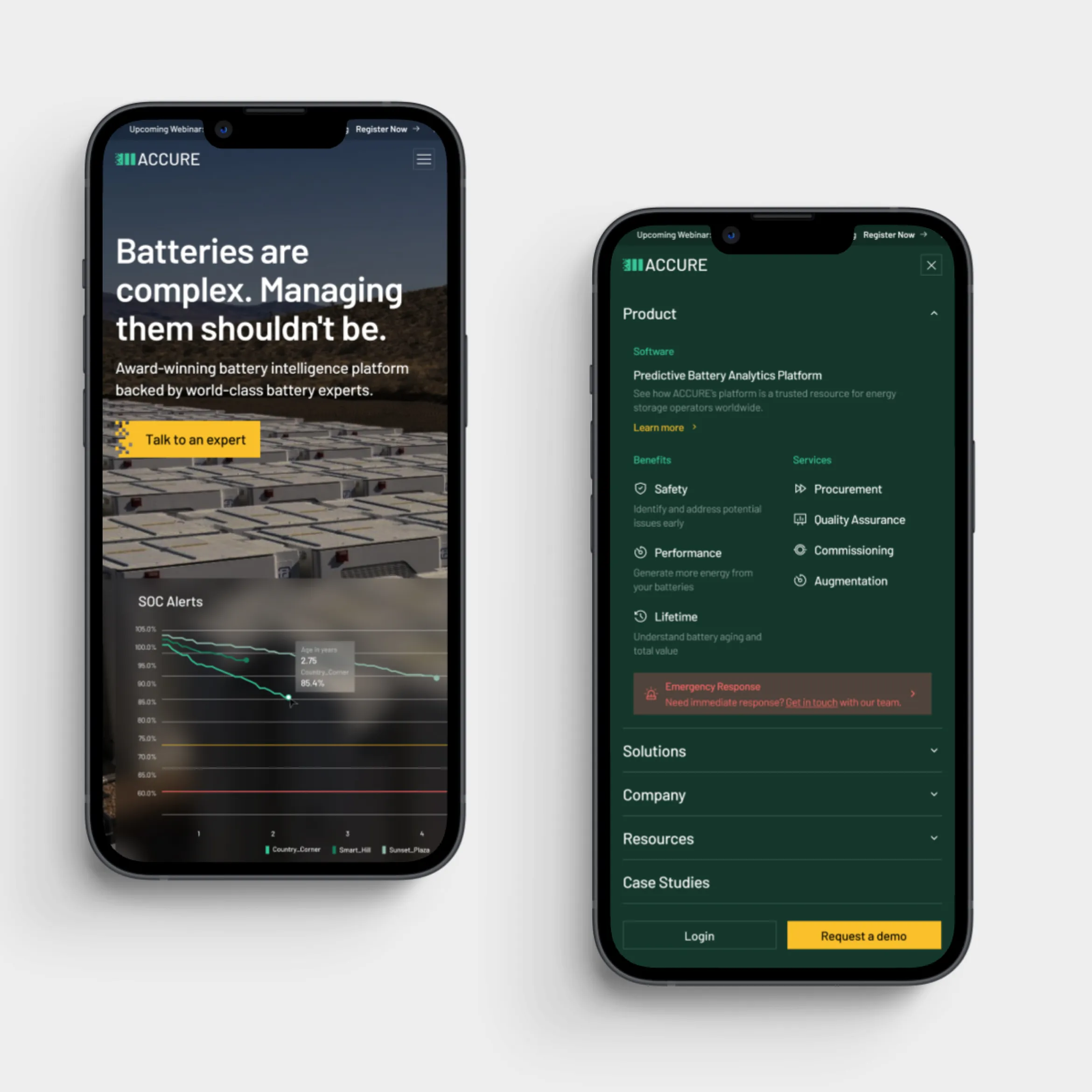 Two smartphones displaying ACCURE battery intelligence platform interface, with one showing battery management overview and SOC alerts graph, the other showing product menu with benefits, services, and emergency response.