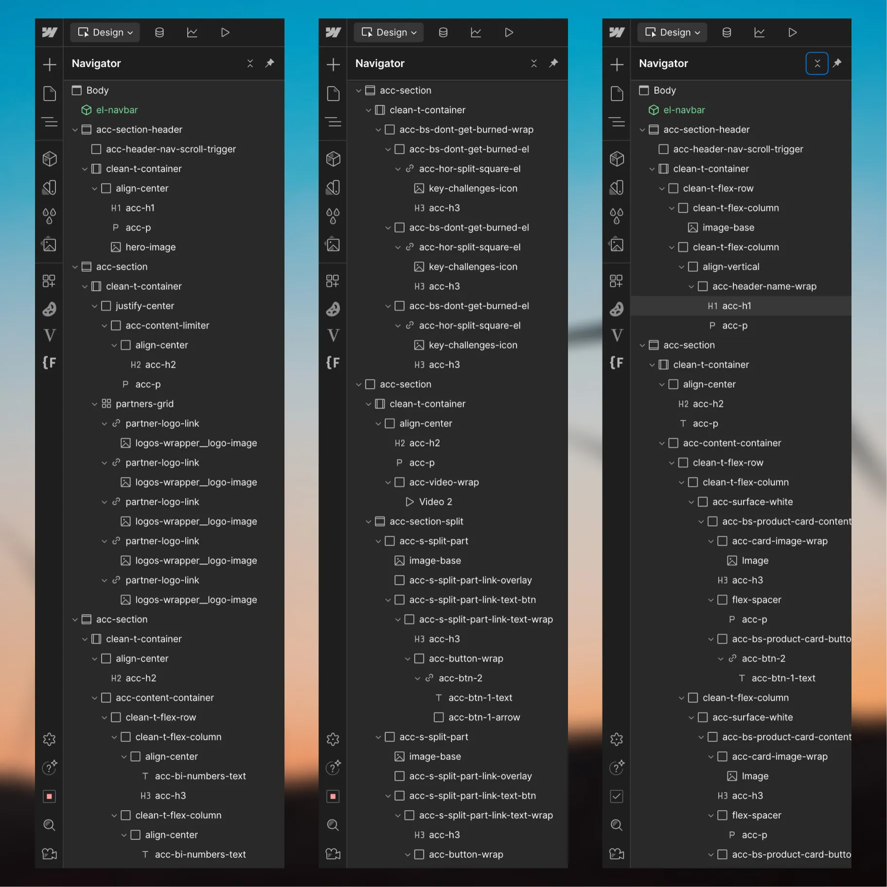Three dark theme UI panels displaying nested navigator hierarchies for webpage design elements including sections, containers, headers, images, and buttons.