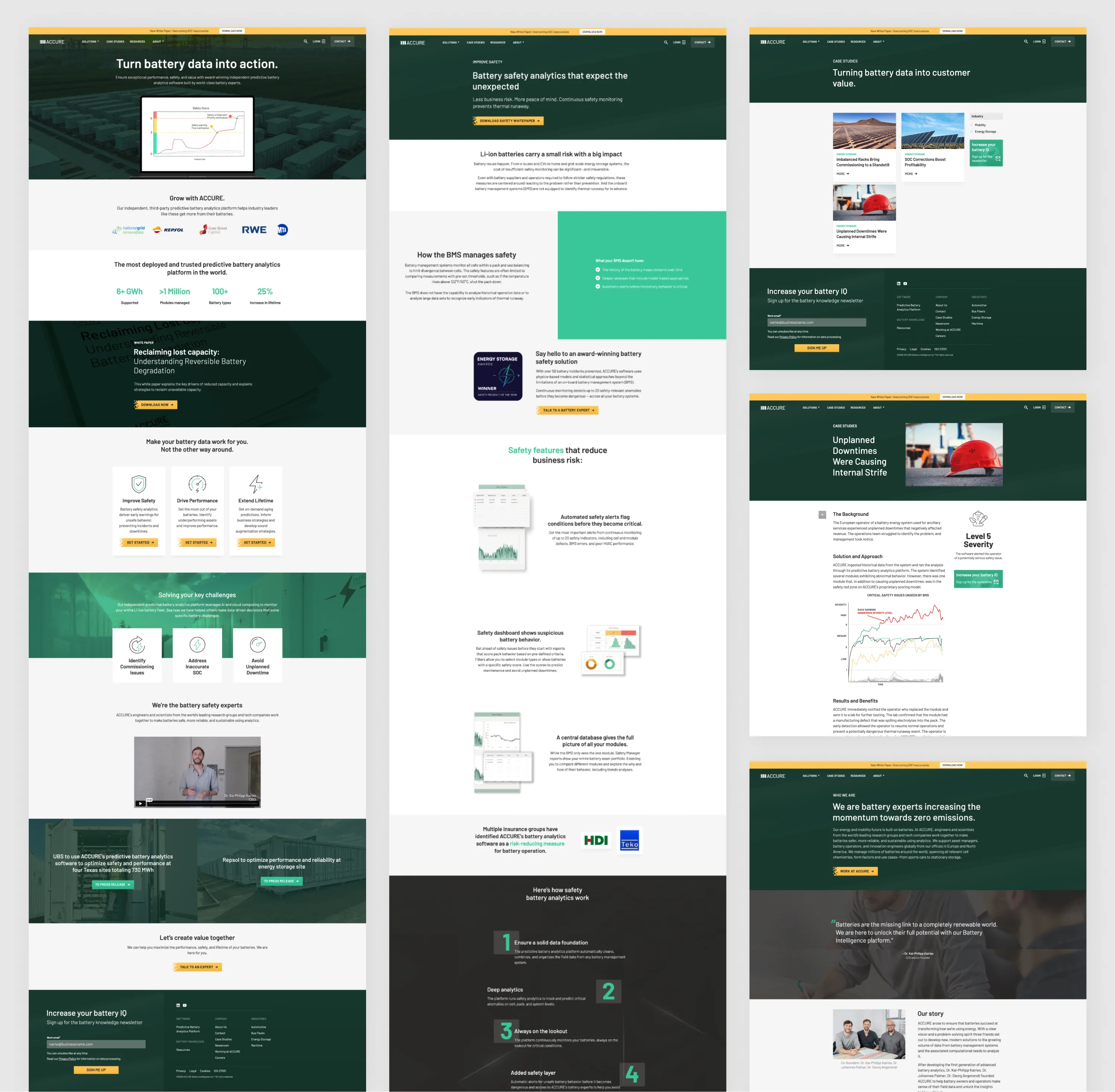 Webpage screenshots showcasing ACCURE's battery data analytics platform, safety features, case studies, and expert team information.