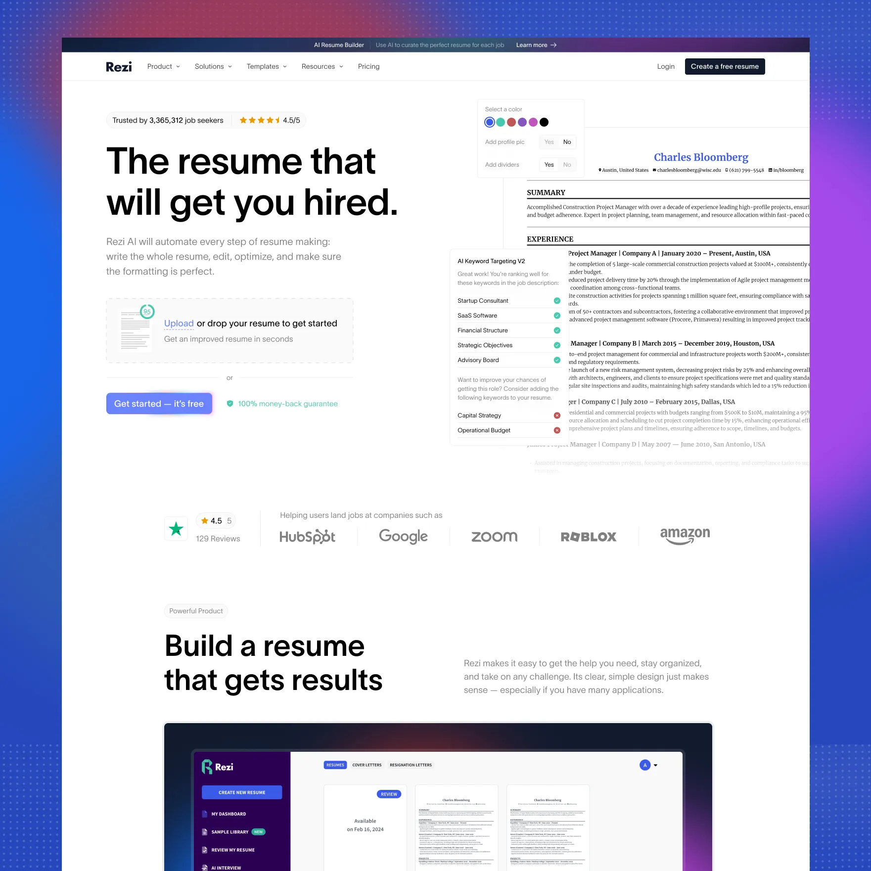Rezi resume builder webpage showing a headline 'The resume that will get you hired', options to upload or start a resume, user rating, and company logos including HubSpot, Google, Zoom, Roblox, and Amazon.