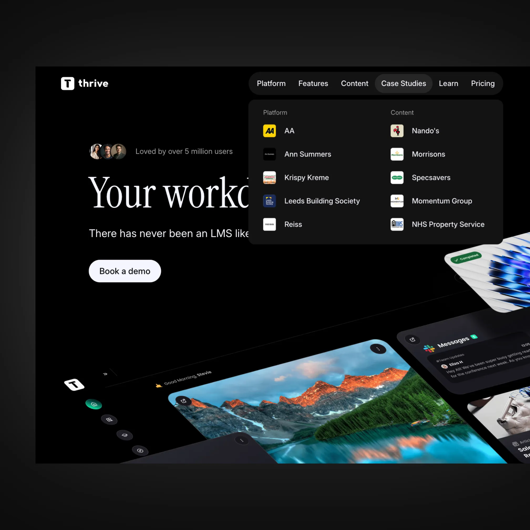 Thrive website featuring a dark-themed LMS platform with menu options, client logos, and a book a demo button.