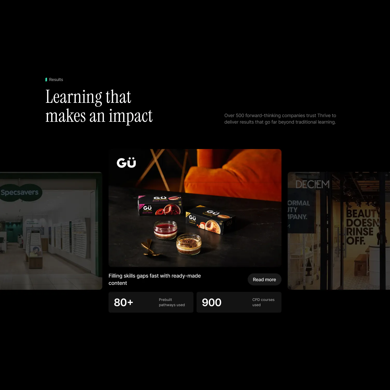 Webpage section with the headline 'Learning that makes an impact,' featuring company logos and product images including Gü desserts, Specsavers, and Deciem, highlighting over 80 prebuilt pathways and 900 CPD courses.