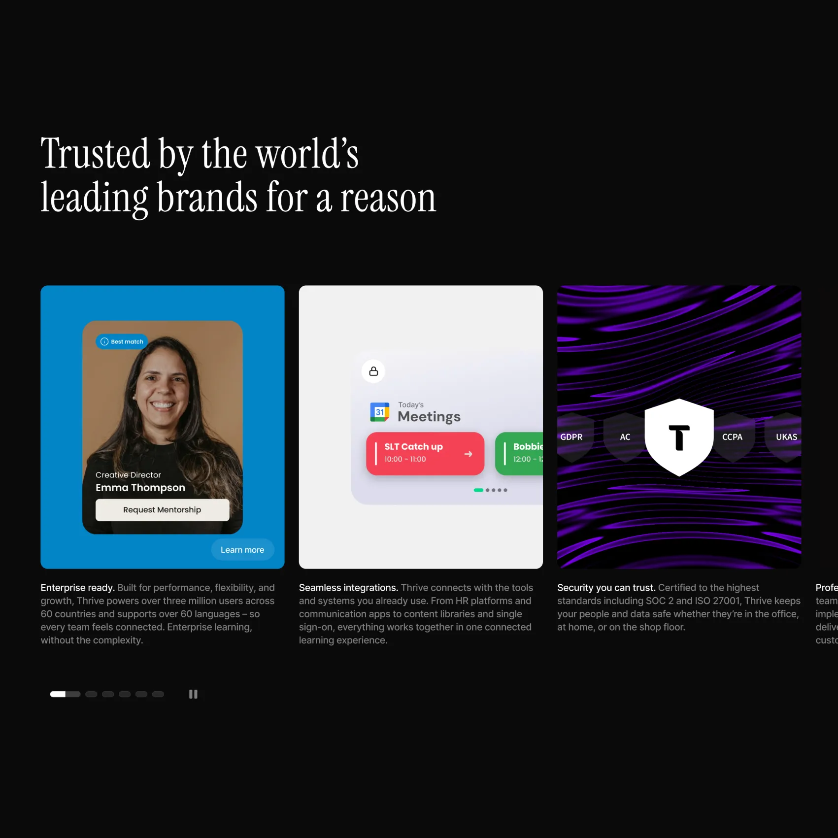 Website section with the headline 'Trusted by the world’s leading brands for a reason' and three panels showcasing a mentorship request with photo, a meeting schedule interface, and security certifications including GDPR and CCPA icons.