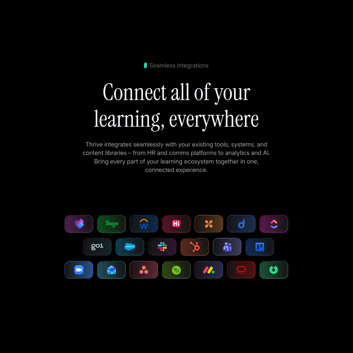Text about seamless integrations connecting learning everywhere, with icons of various business and communication apps.