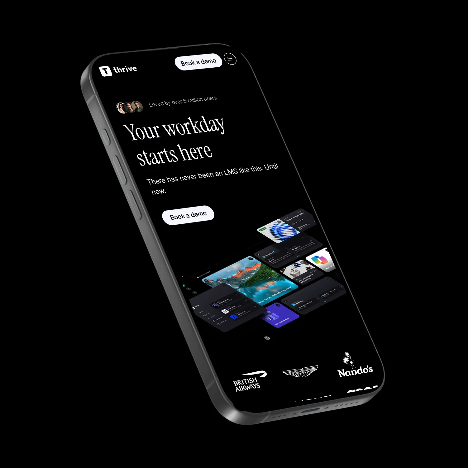 Smartphone displaying Thrive LMS app interface with text 'Your workday starts here' and a 'Book a demo' button, showing client logos including British Airways and Nando's.