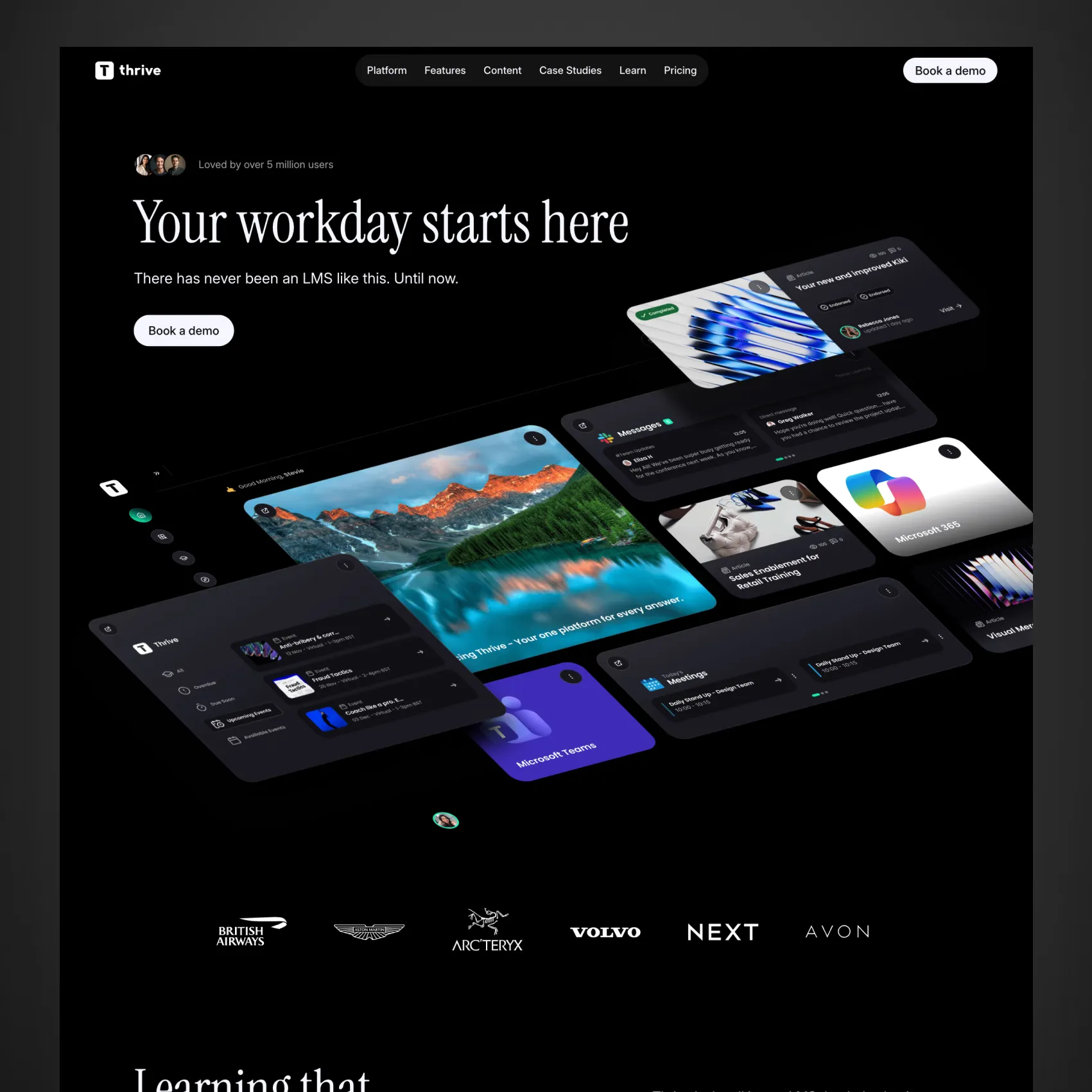 Thrive LMS website homepage with dark theme showing dashboard widgets, a 'Your workday starts here' headline, and logos of British Airways, Aston Martin, Arc'teryx, Volvo, NEXT, Avon.