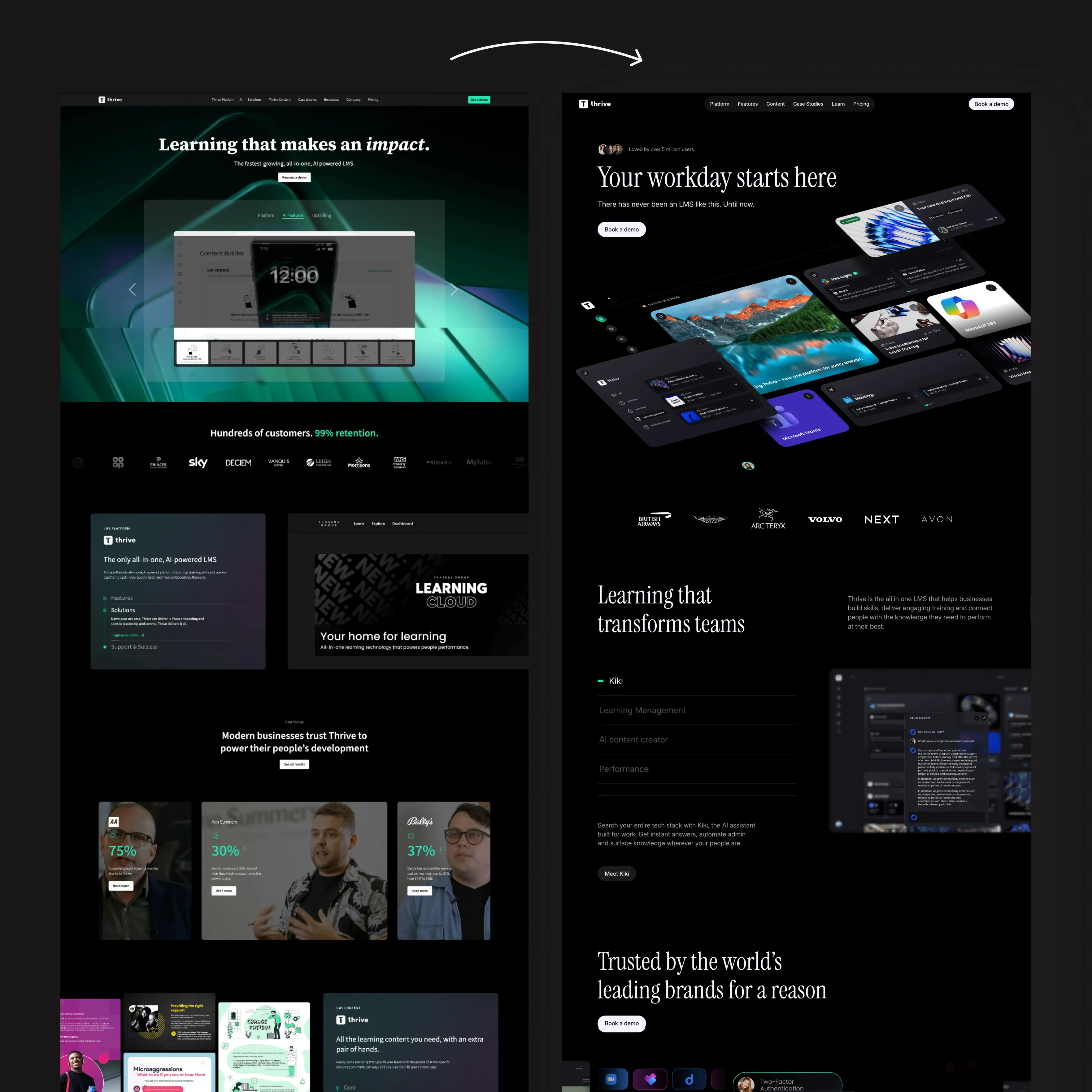 Side-by-side comparison of two dark-themed web pages for an AI-powered LMS platform, showcasing features, customer testimonials, and brand logos.