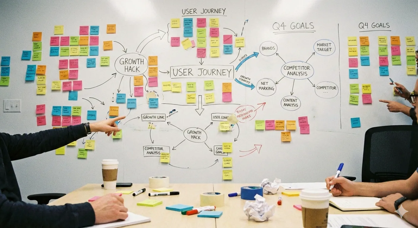 Whiteboard with a detailed user journey and growth hack strategy diagram, surrounded by colorful sticky notes and two people pointing and writing.