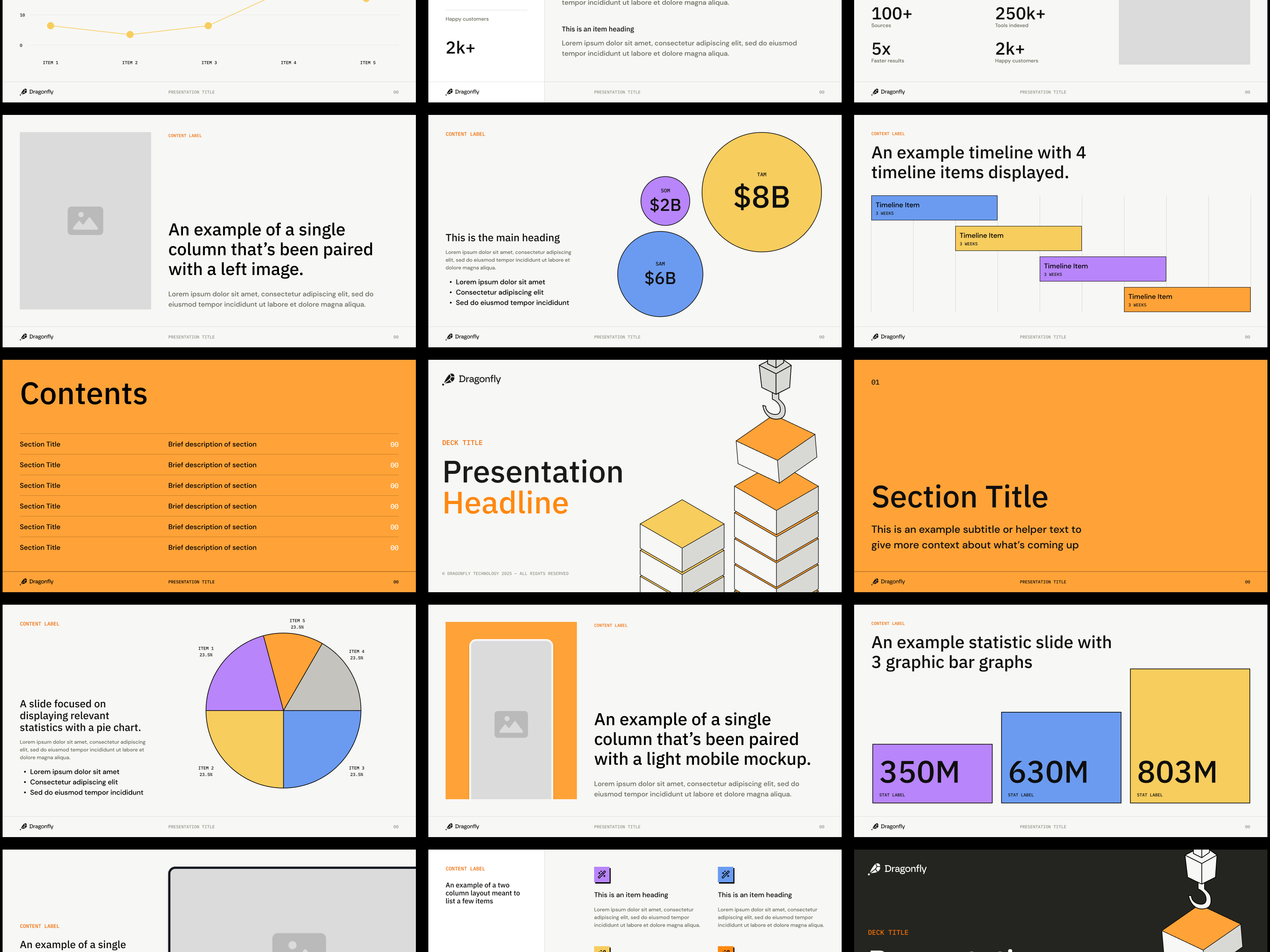 Grid of slides showing charts, text blocks, and infographic examples with colors orange, purple, blue, and gray.