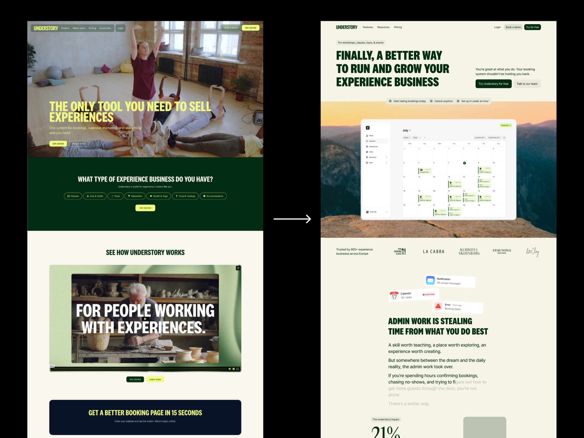 Two side-by-side website pages showing experience business tools, booking calendar, and admin work reduction.