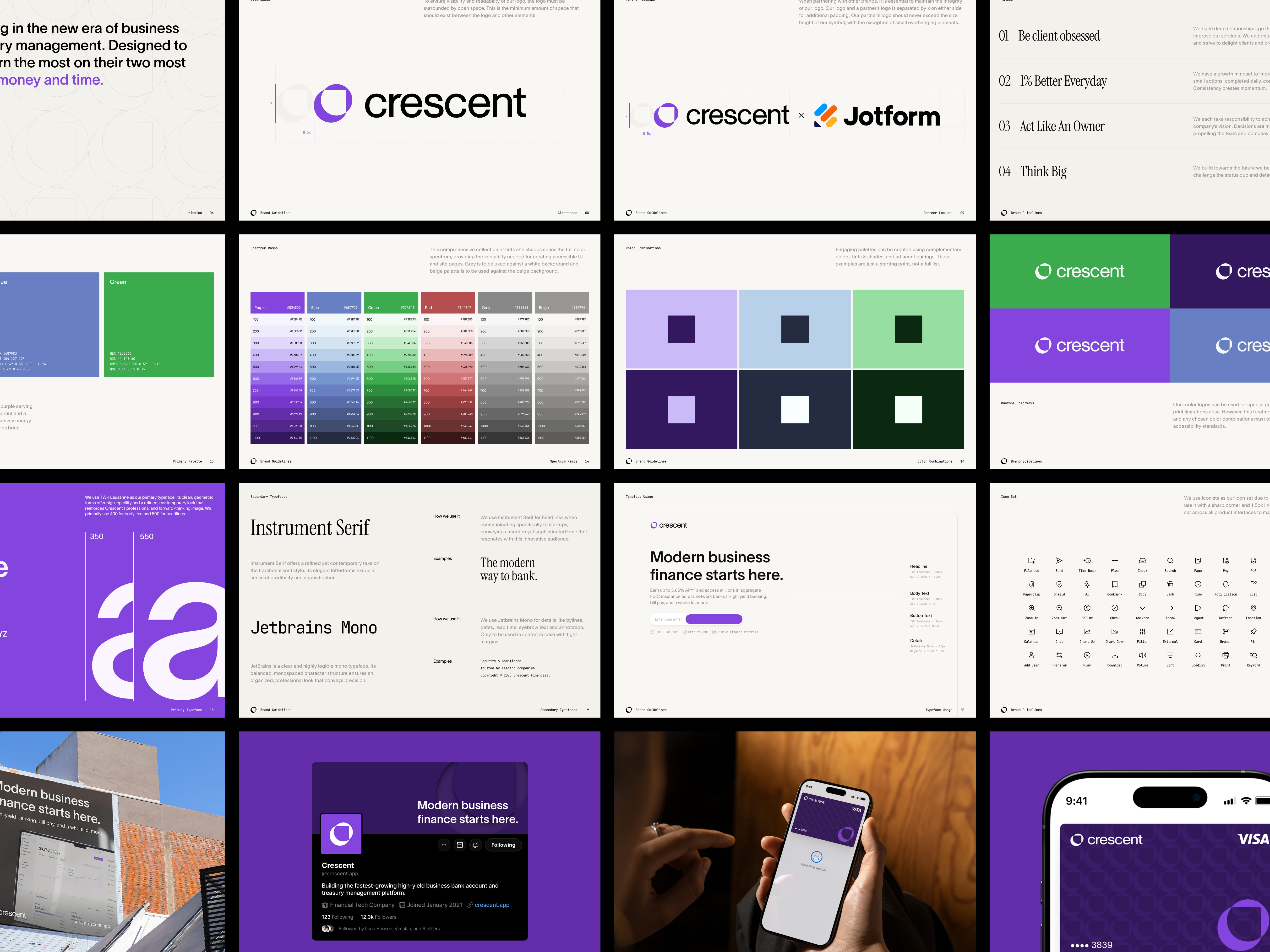 Crescent brand style guide showing logo, color palette, typography, icons, and app interface examples.