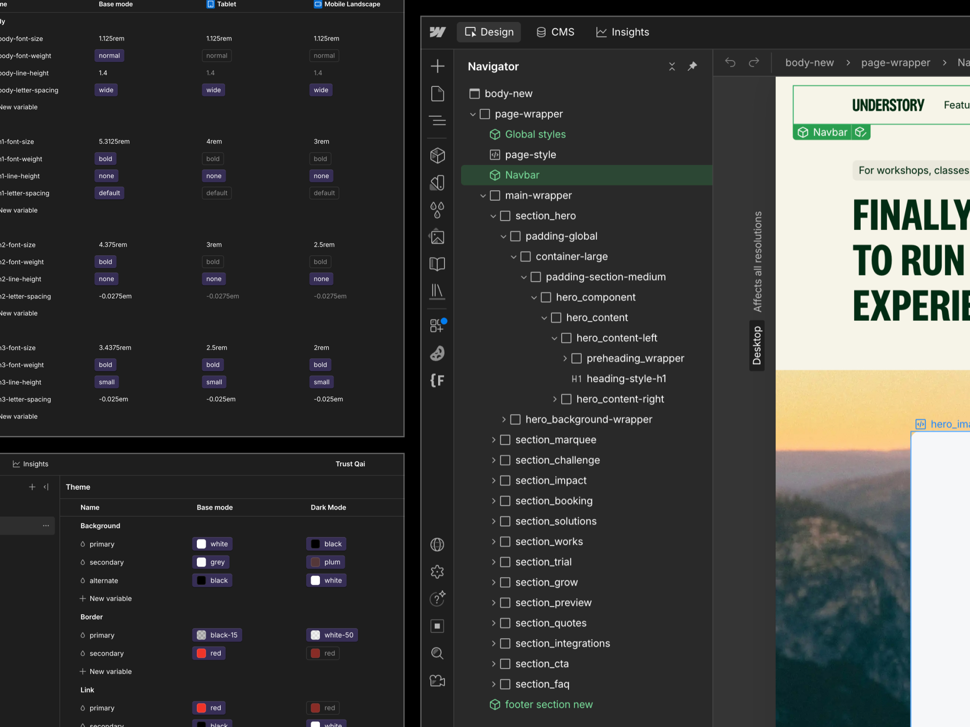 Screenshot of a web design interface with a dark-themed code and style editor on the left showing font sizes, weights, and colors for base and dark modes, and a navigator panel listing sections like Navbar and page styles, alongside a preview of a webpage titled 'UNDERSTORY' with a headline about workshops and a scenic background.