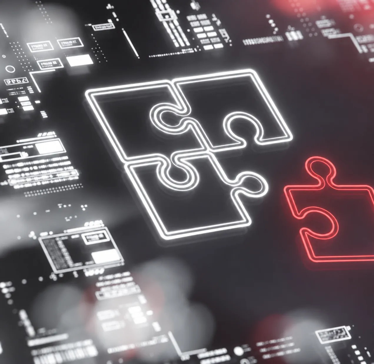 Pièces de puzzle lumineuses sur fond de circuits