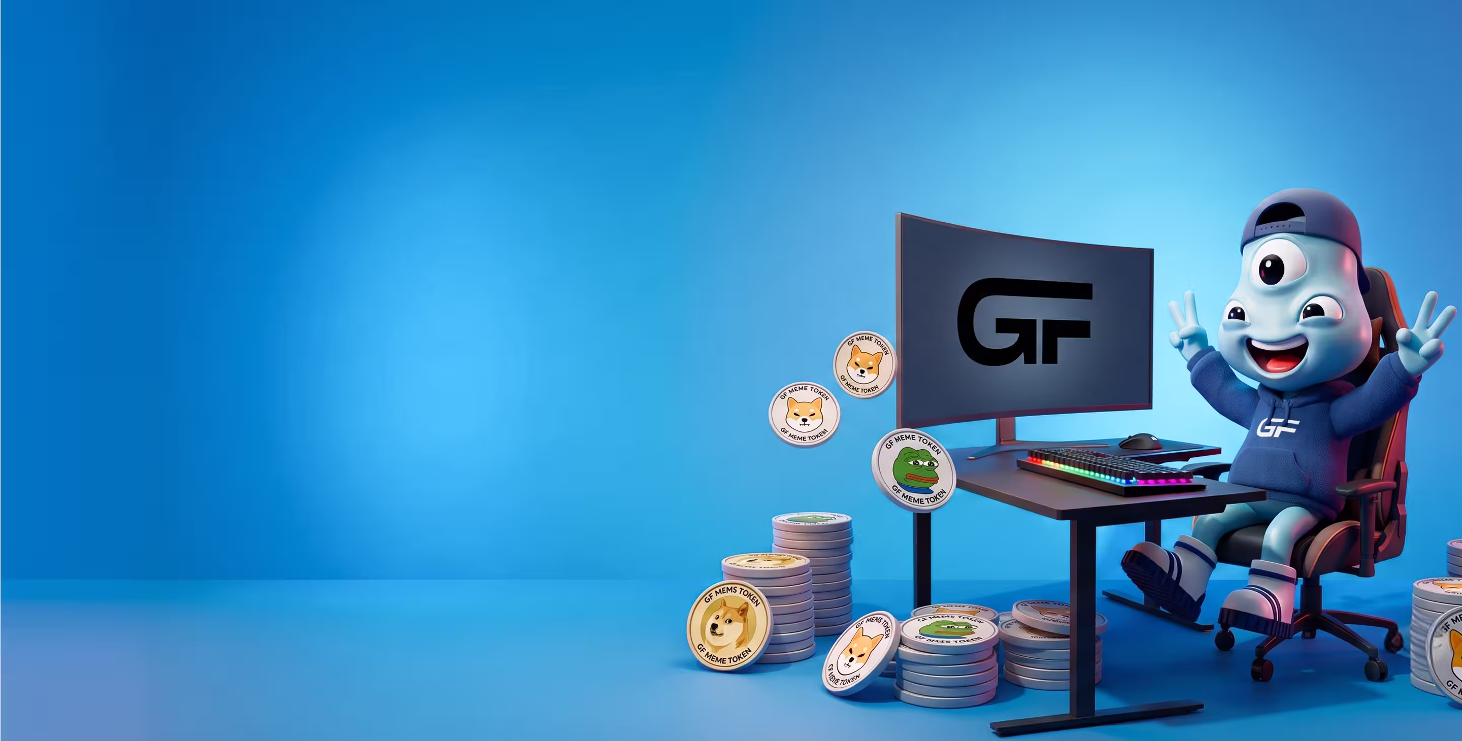 3D cartoon character with three eyes sitting on a chair at a desk with a computer displaying the letters 'GF', surrounded by stacks of cryptocurrency coins featuring Dogecoin and Pepe the Frog icons, all against a blue background.