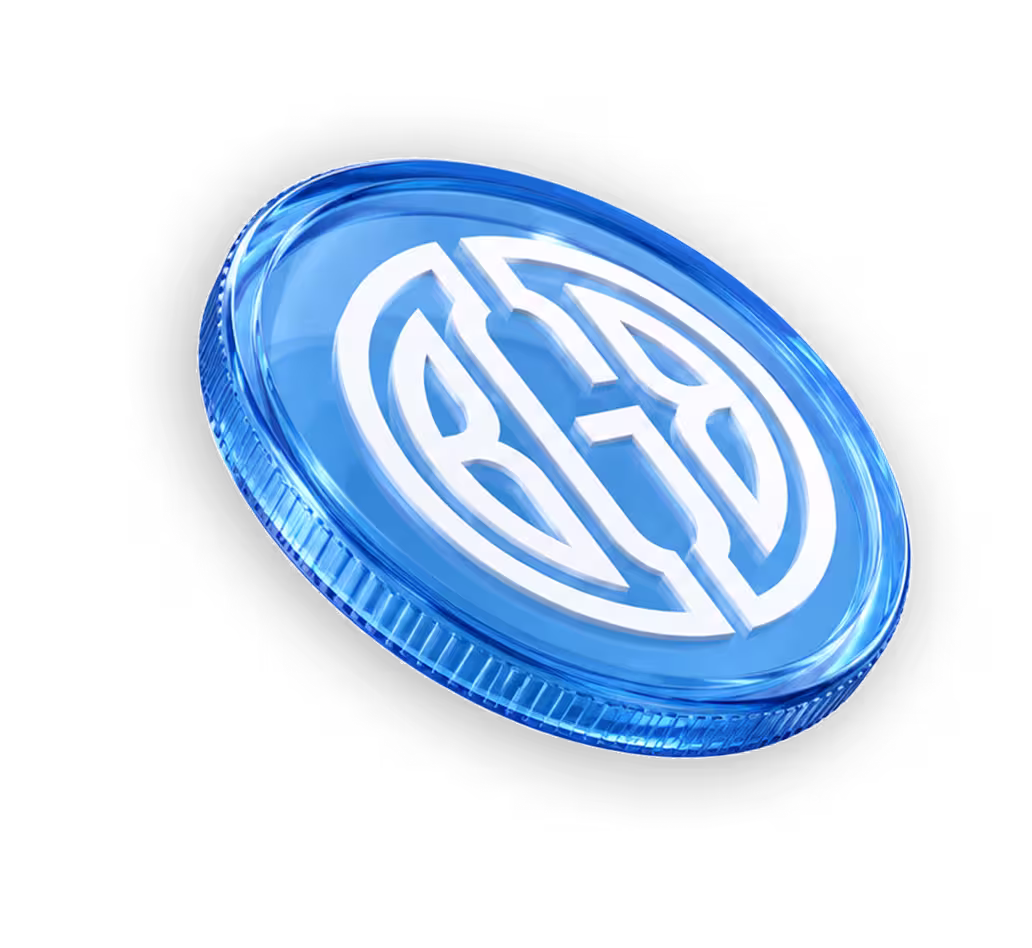 Transparent blue coin with white stylized letters forming a symmetrical design inside, displayed against a black background.