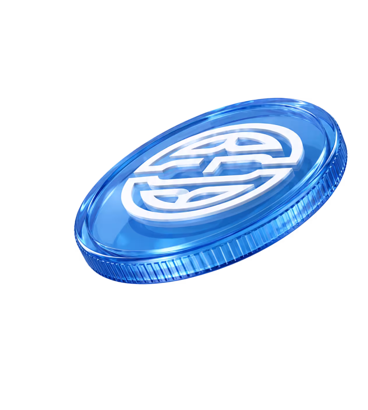 Blue translucent coin with a white circular geometric pattern and a horizontal line through the center.