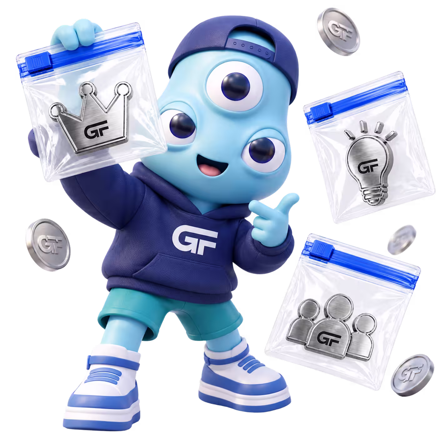 Blue three-eyed cartoon character wearing a purple GMT sweatshirt, blue shorts, sneakers, and a backward cap holding transparent bags with metal icons of a crown, lightbulb, and people, surrounded by floating coin-like objects with GMT logos.