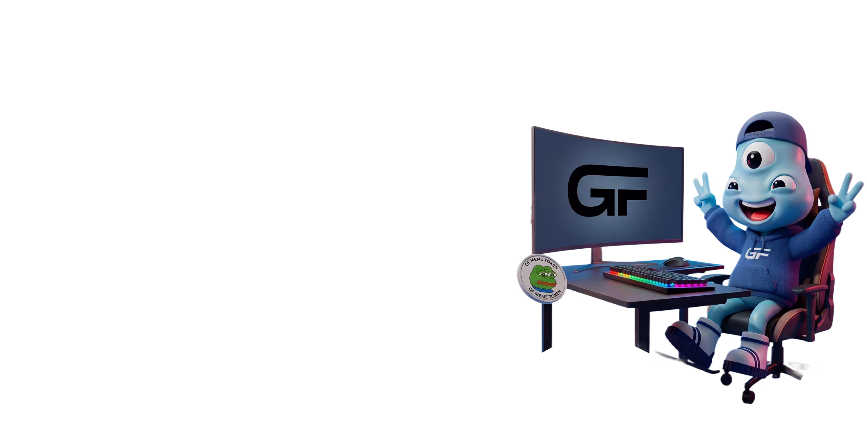 3D cartoon character with three eyes sitting on a chair at a desk with a computer displaying the letters 'GF', surrounded by stacks of cryptocurrency coins featuring Dogecoin and Pepe the Frog icons, all against a blue background.