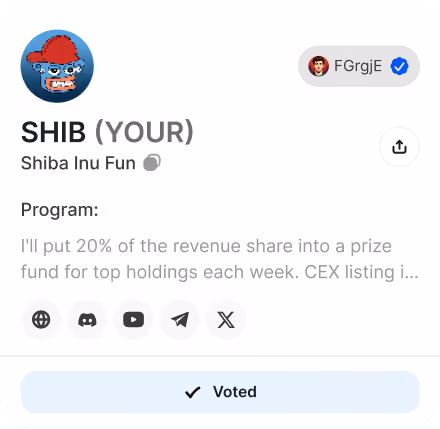 Profile card for SHIB (YOUR) Shiba Inu Fun cryptocurrency showing a verified user badge for FGrgjE, partial program details about a 20% revenue share prize fund, social media icons for web, Discord, YouTube, Telegram, and Twitter, and a checked 'Voted' status.