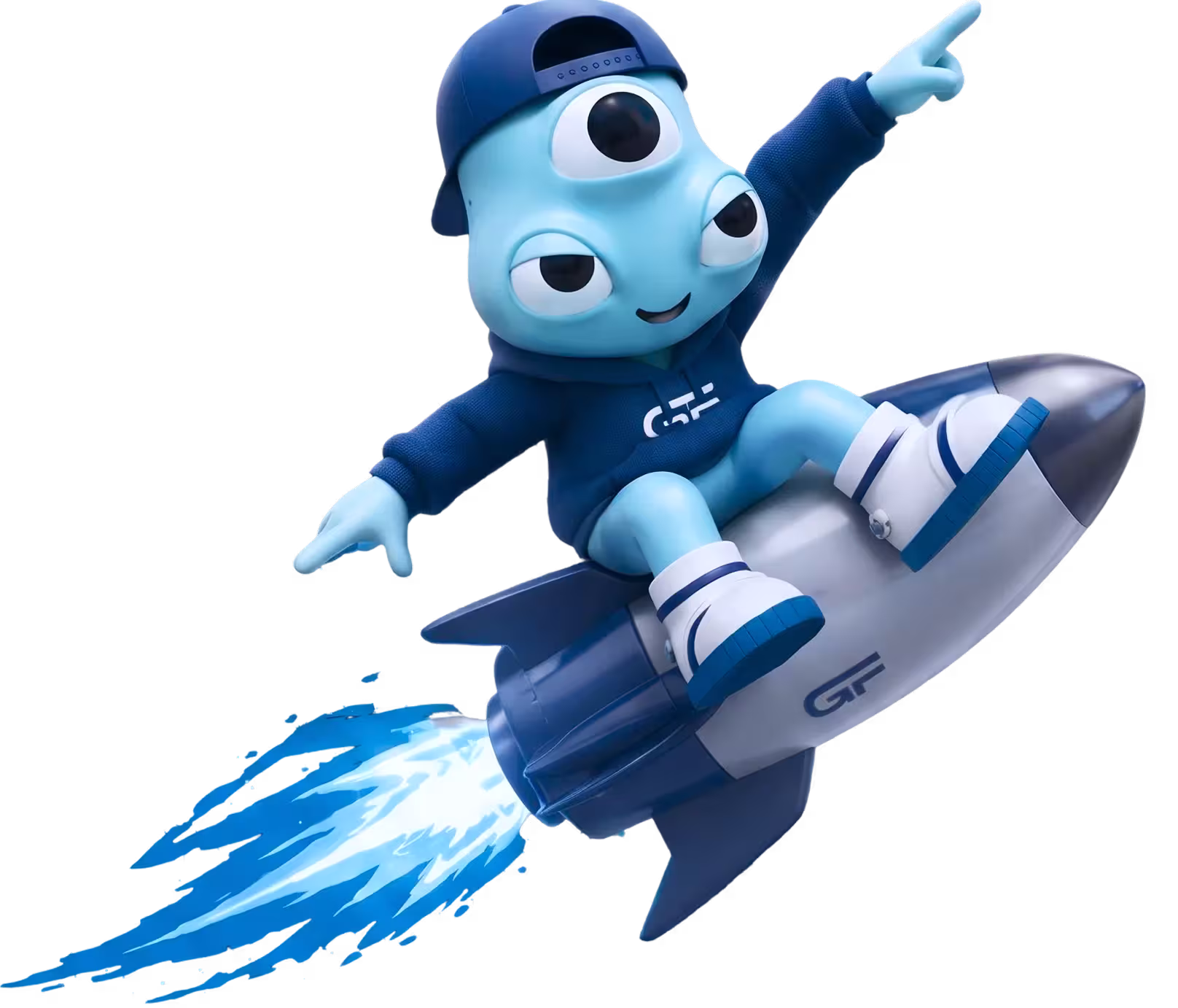 Blue three-eyed cartoon character wearing a blue hoodie and backwards cap, riding a silver rocket with blue flames.