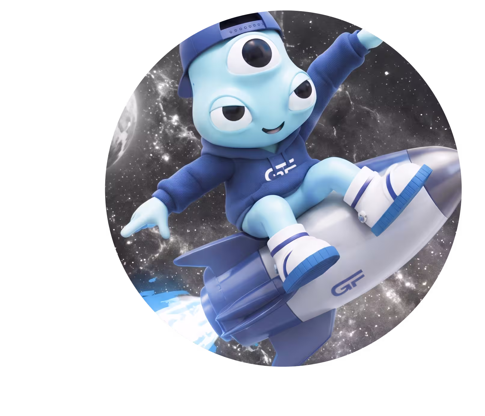 A blue three-eyed cartoon alien wearing a backward cap, blue hoodie, and sneakers, riding a blue and white rocket in outer space with stars and a planet in the background.