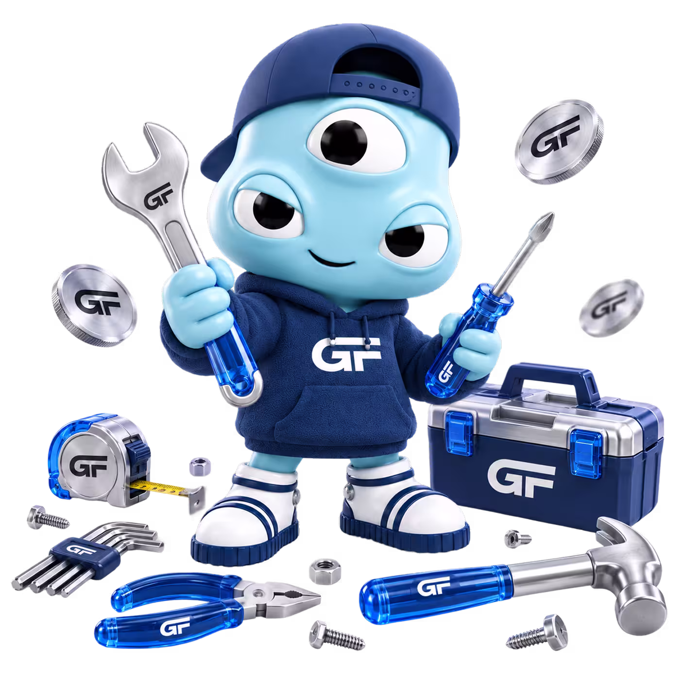 A blue three-eyed cartoon character wearing a blue hoodie and cap, holding a wrench in one hand and a screwdriver in the other, surrounded by blue and silver tools including pliers, a hammer, a tape measure, and a toolbox, all featuring the initials GF.