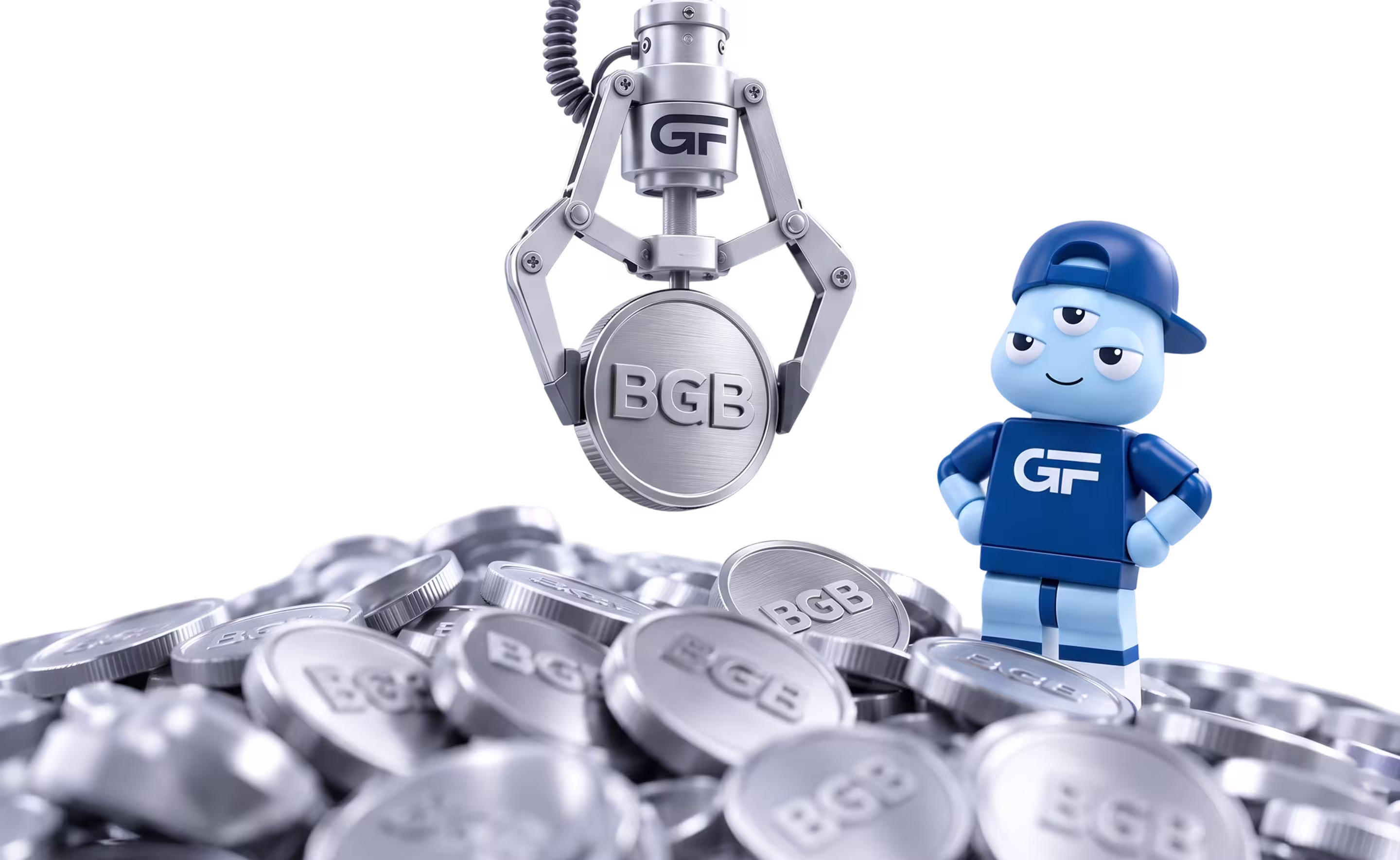 Robotic claw with GF logo holding a silver coin embossed with BGB, above a pile of similar coins, next to a blue cartoon figure wearing a blue hat and shirt with the GF logo.