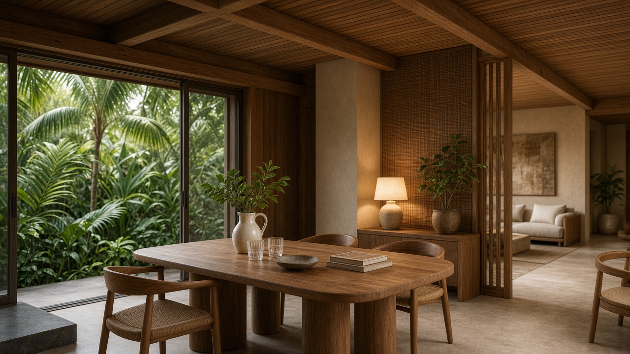 Quiet owners interior — soft tropical modernism, calm living room light