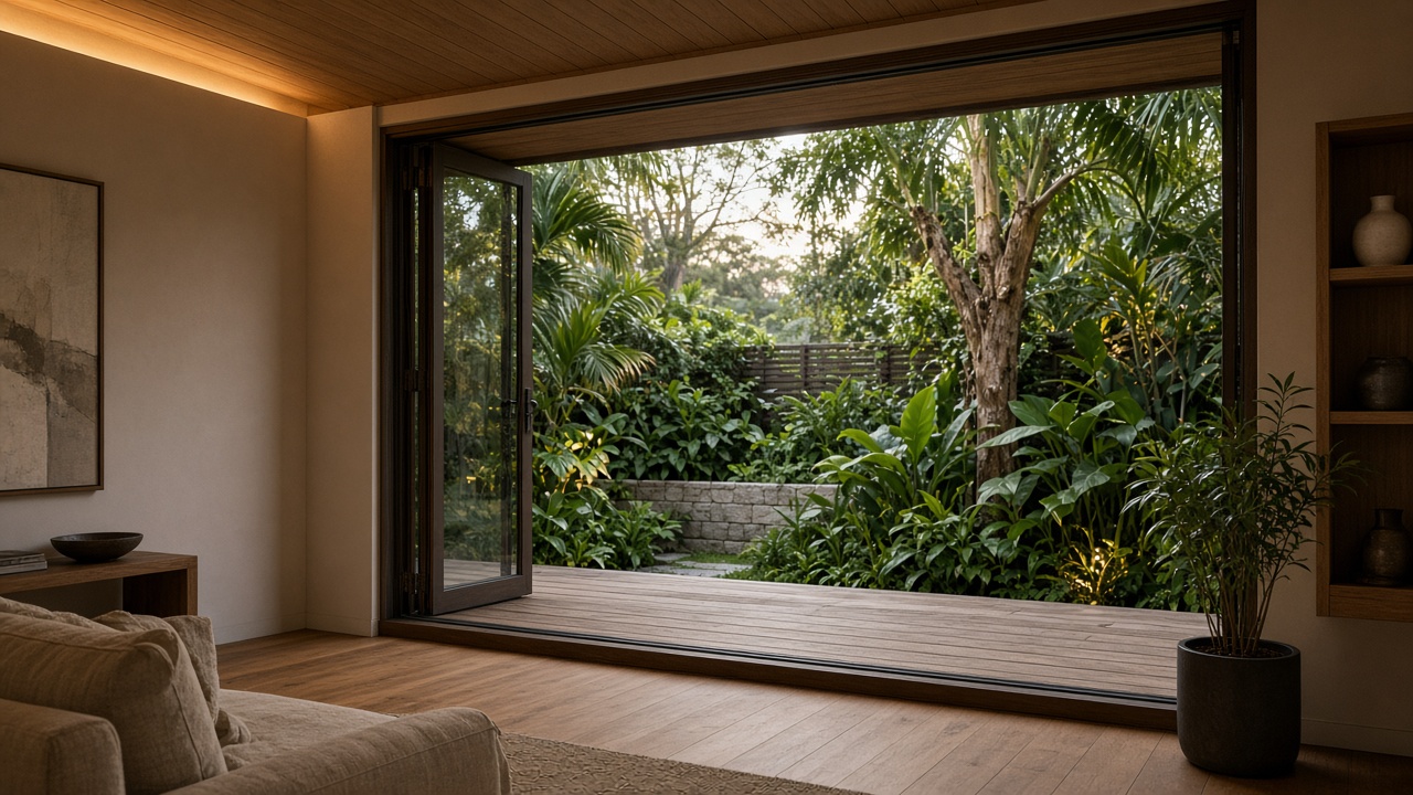 Secondary soft-media renter interior, calm tropical palette