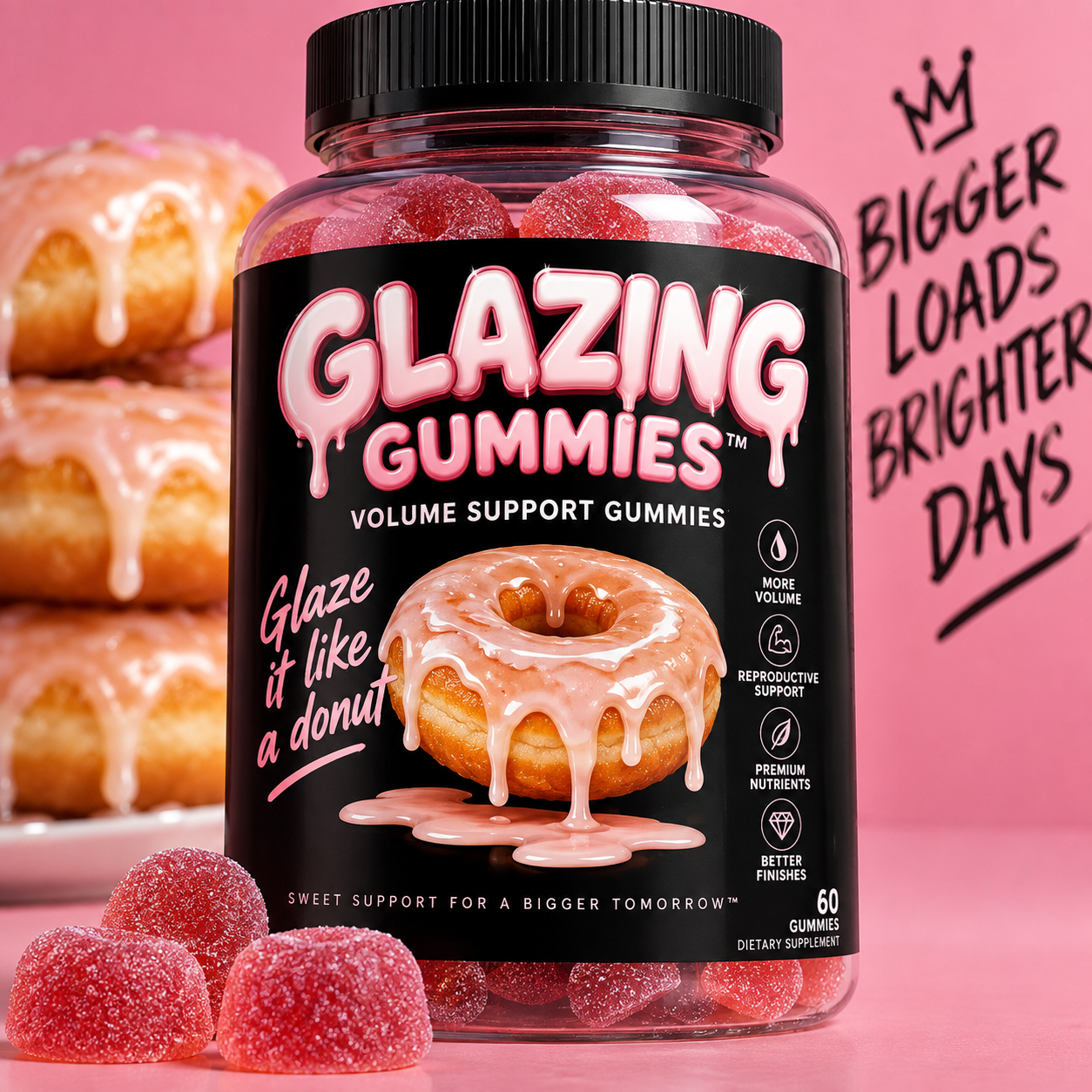 Glazing Gummies volume support gummies product jar with pink glazed donuts and gummy candies