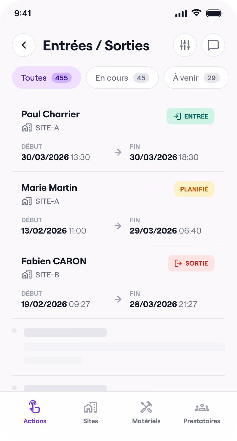 Le registre des visiteurs dans l'application Deemply