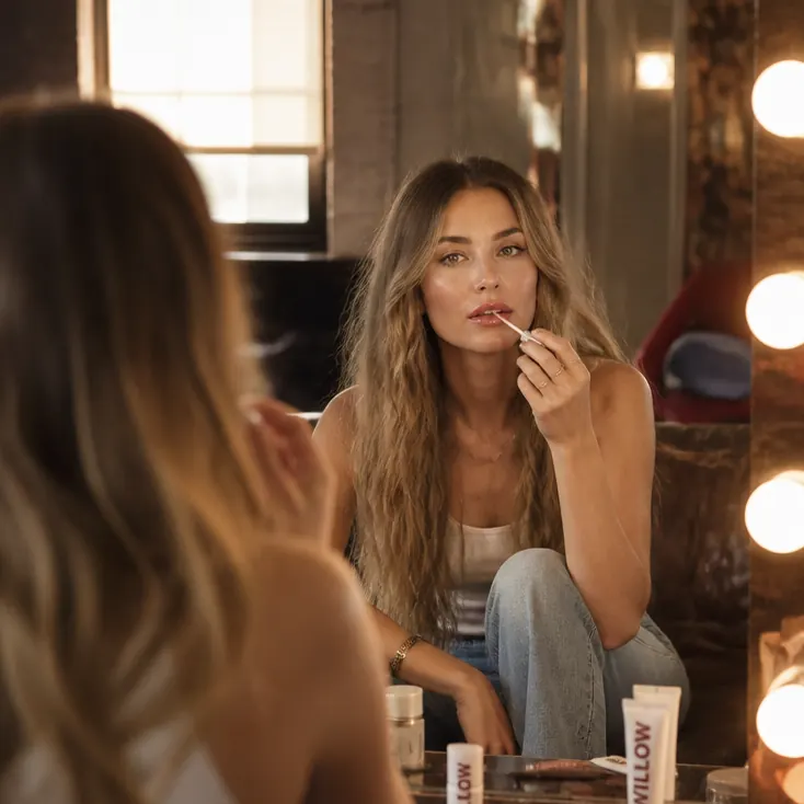 A woman applying lip product at a lit vanity mirror