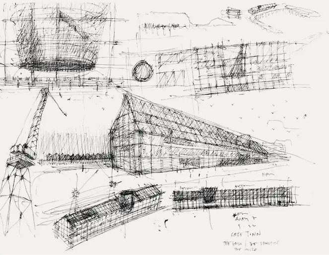 Black ink architectural sketches on white background illustrating various perspectives, grids, and structural designs including a large building with a curved roof, crane, and geometric shapes.