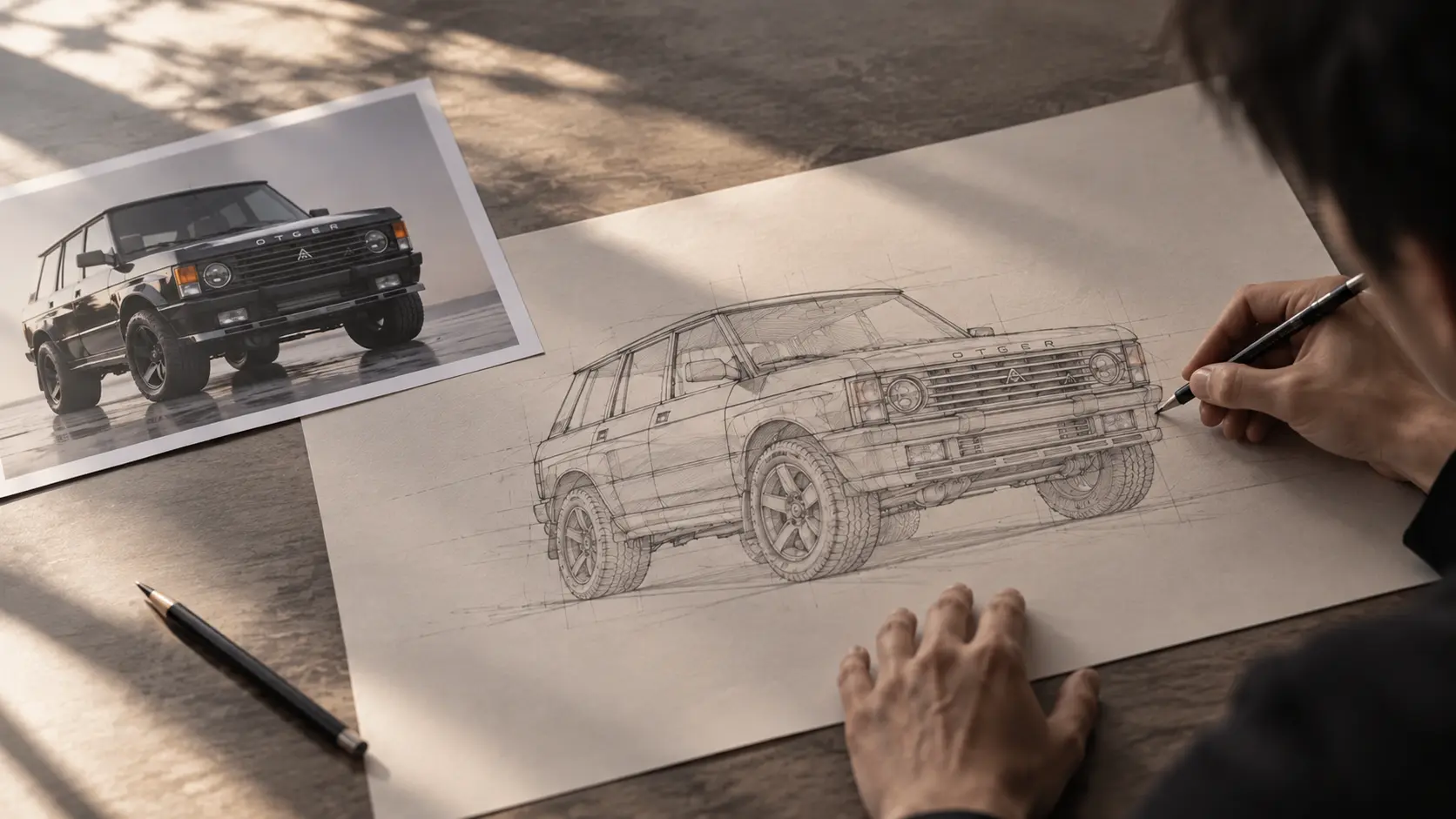 Mano dibujando con lápiz un boceto detallado de un vehículo todoterreno negro, con una fotografía del mismo automóvil junto al dibujo sobre una superficie de madera.