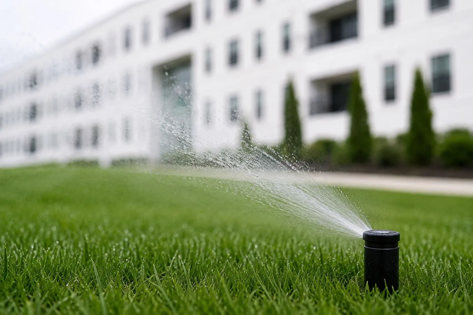 A pop-up irrigation head running across mown turf beside a walkway and clipped hedge at a modern apartment community