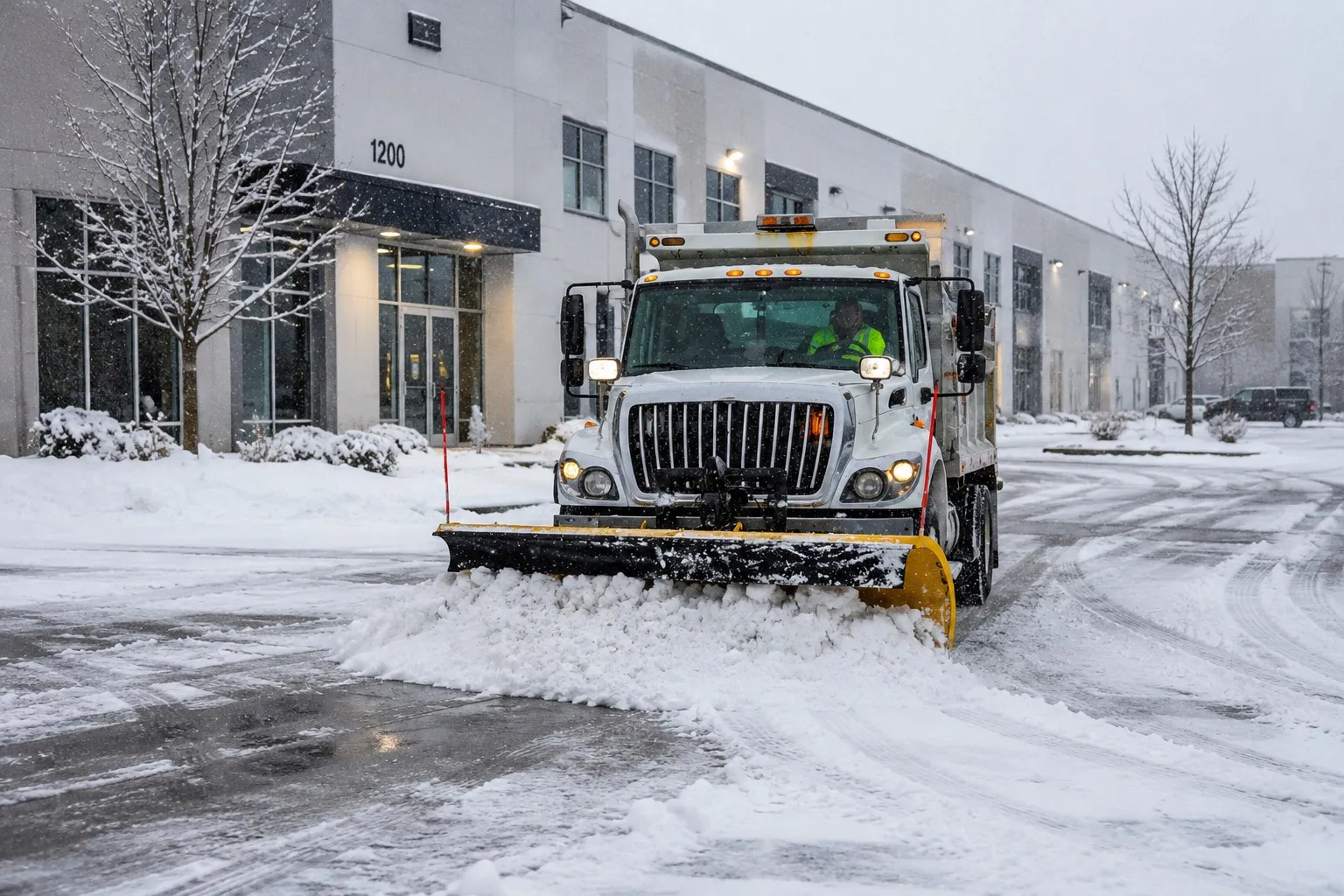 A plough truck clearing fresh snow from a commercial parking lot in front of an office building