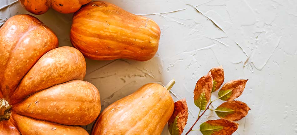 Orange pumpkins and squash with autumn leaves