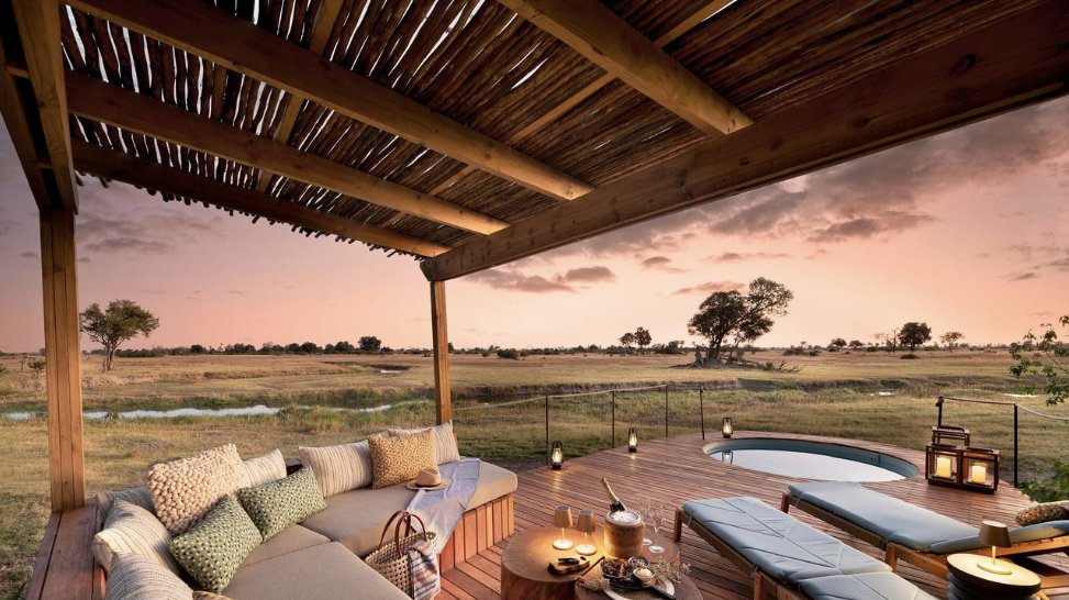 Tawana shaded deck lounge overlooking the floodplain at dusk