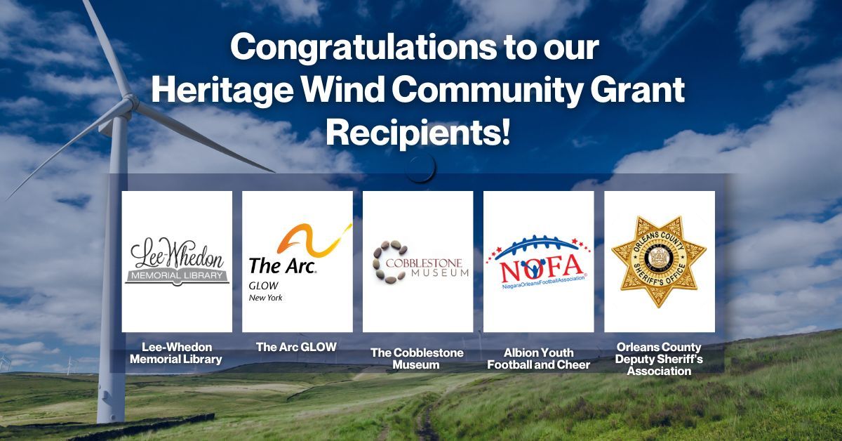Celebration of Heritage Wind Community Grant recipients with logos of five local organizations on wind farm background.