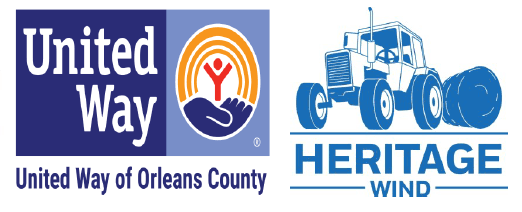 United Way of Orleans County logo featuring a hand holding a person with an orange rainbow background, alongside Heritage Wind logo with a blue tractor icon.