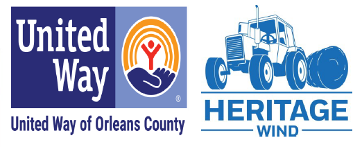 Logos of United Way of Orleans County featuring a hand holding a red figure inside orange arcs, and Heritage Wind showing a blue tractor with a wind turbine blade attached.