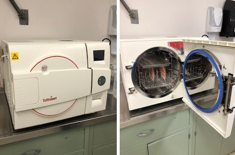 Side-by-side images of a Tuttnauer autoclave sterilizer in a clinical setting: one closed and one with the door open showing metal trays inside.