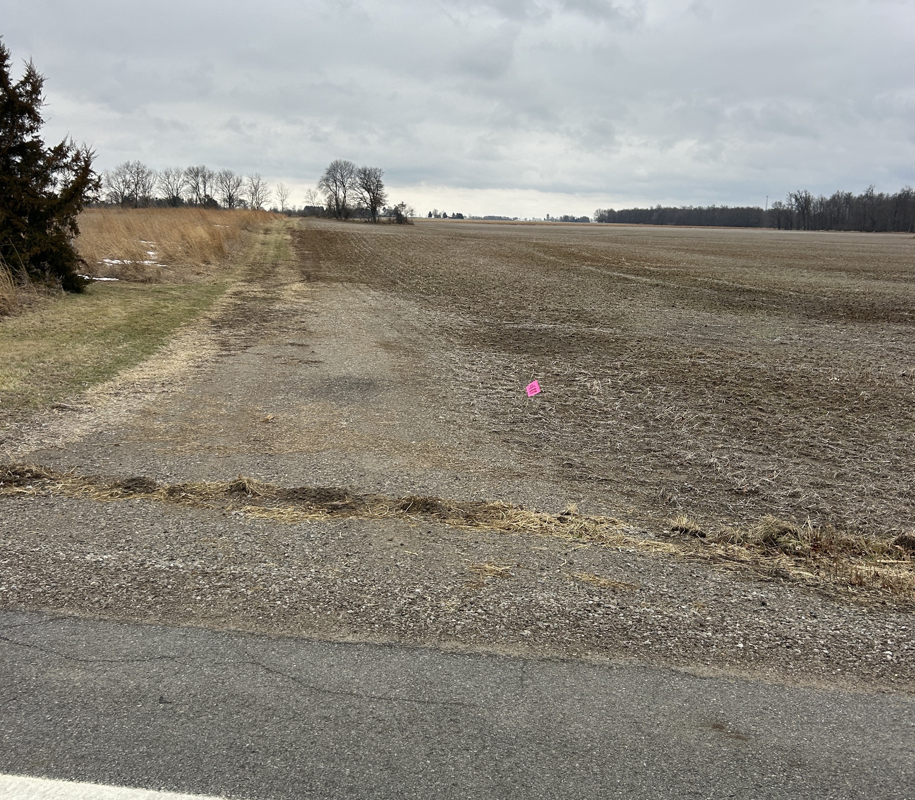 Rural landscape with a gravel path beside bare farmland under a cloudy sky.